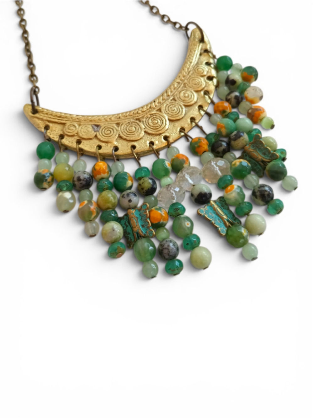 Hand crafted forest goddess Statement Necklace Green Gold Beaded Crescent bib